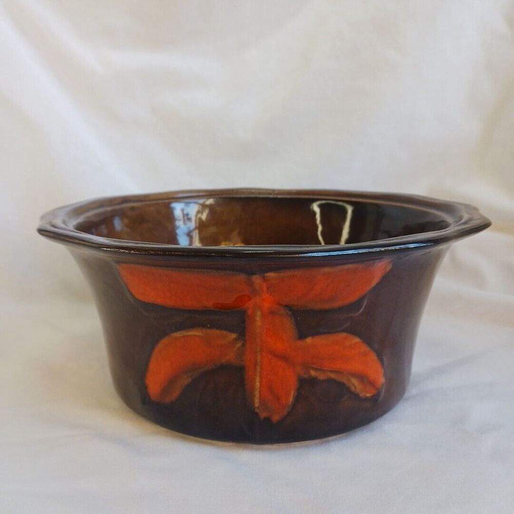 California Pottery Large Casserole Dish / Planter Browned Stoneware Orange Leaf